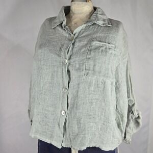 Meo‎ Meli Made in Italy Linen Button Down Shirt Roll Tab Sleeve Top Coastal Chic